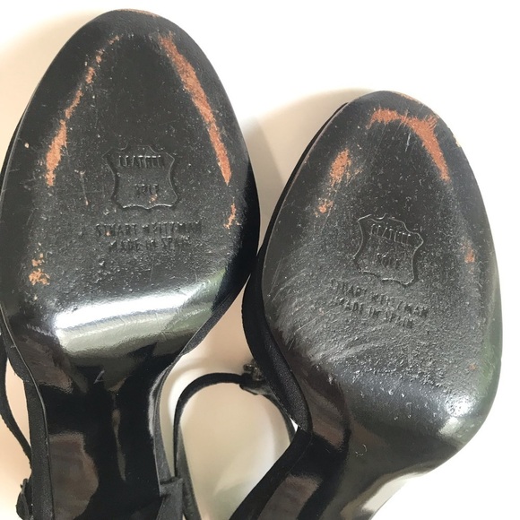 Stuart Weitzman Black Satin Peep Toe Heels Crystal Embellishment T-Strap Sz 5 - Picture 8 of 16